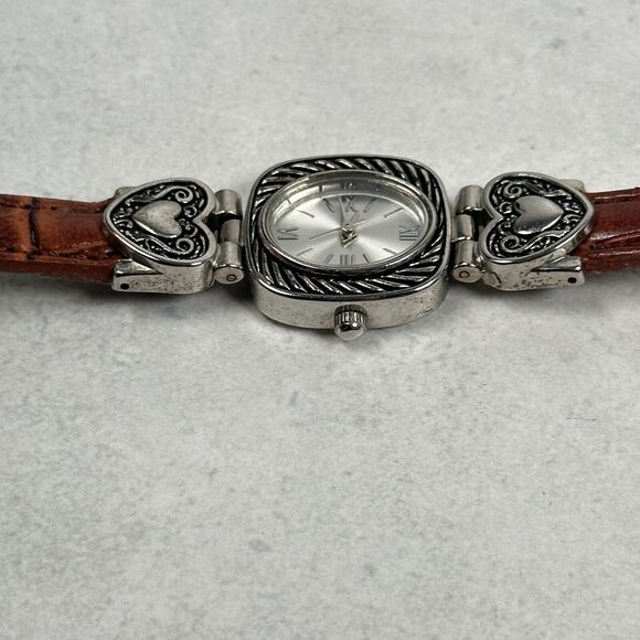 Womens Watch 20mm Oval Hearts Silver Tone Brown Band Western Cowgirl New Battery - Picture 3 of 10